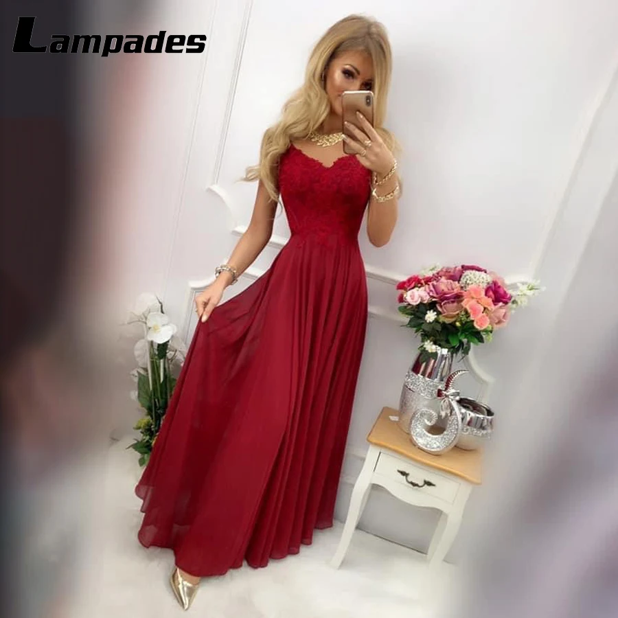 

V-neck Chiffon and Lace Simple Evening Dress Famous Style Long Party Dress vestidos para festa de casamento
