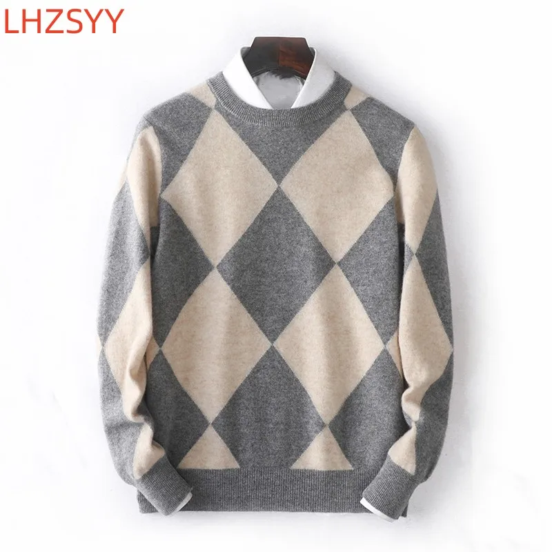 LHZSYY Men's New Cashmere Sweater Colorblock Pullovers Winter Youth Jumper Large Size 100%Pure Wool Tops Men Thick Knit Sweater