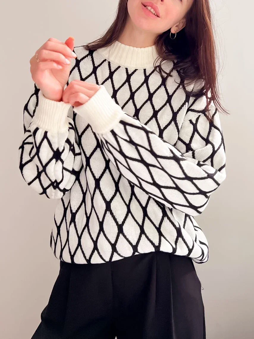 Зимний женский свитер с высоким воротником в клетку толстые теплые вязаные