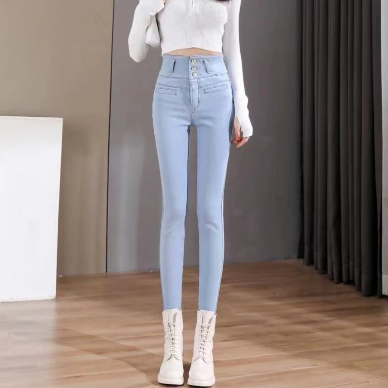 

Женские узкие джинсы с эластичным завышенным поясом, модные синие джинсы с карманами, облегающие эластичные джинсовые брюки, женские брюки ...