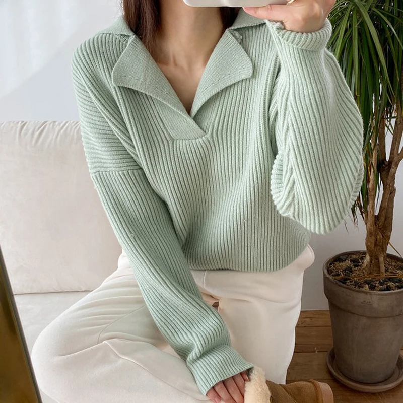 

2022 New Knitted Sweater Women Elegant Lazy Oaf Coarse Yarn Striped Cashmere Pullovers Coat V-neck Long Sleeve Female Jumpers