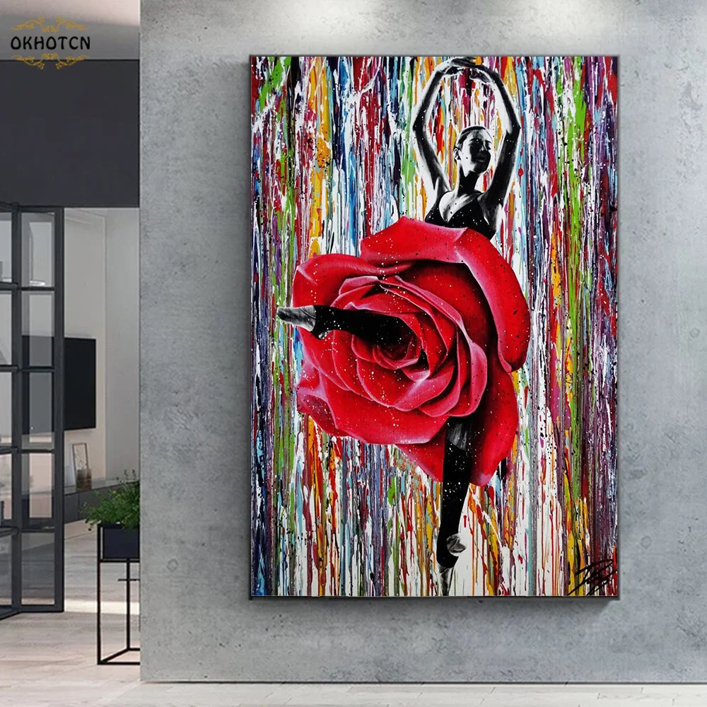 

Abstract Watercolor Poster Girl Dancing with Flowers Paint Fashion Wall Art Print Canvas Painting Living Room Girl Bedroom Decor