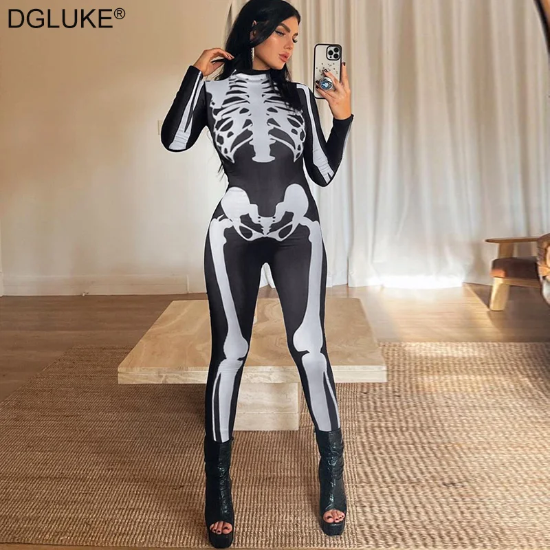 

Skeleton Print Jumpsuit Turtleneck Long Sleeve Black Bodysuit Sexy Full Body Jumpsuit Halloween Costume For Women