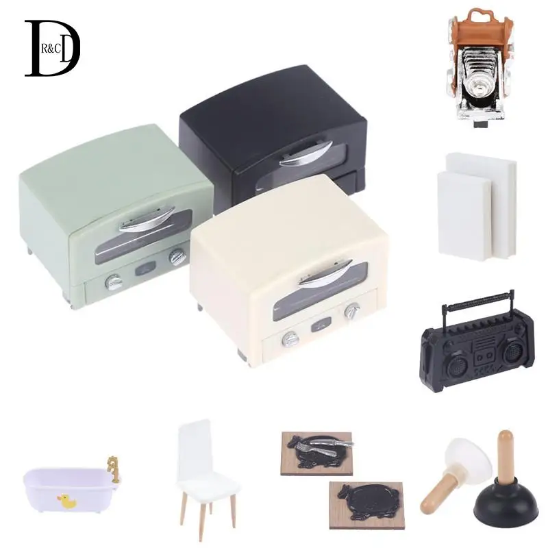 

1/12 Dollhouse Accessories Dollhouse Retro Camera, Radio, Wooden Chair, Toilet Brush, Bathtub, Book, Grill Plate, Mini Oven