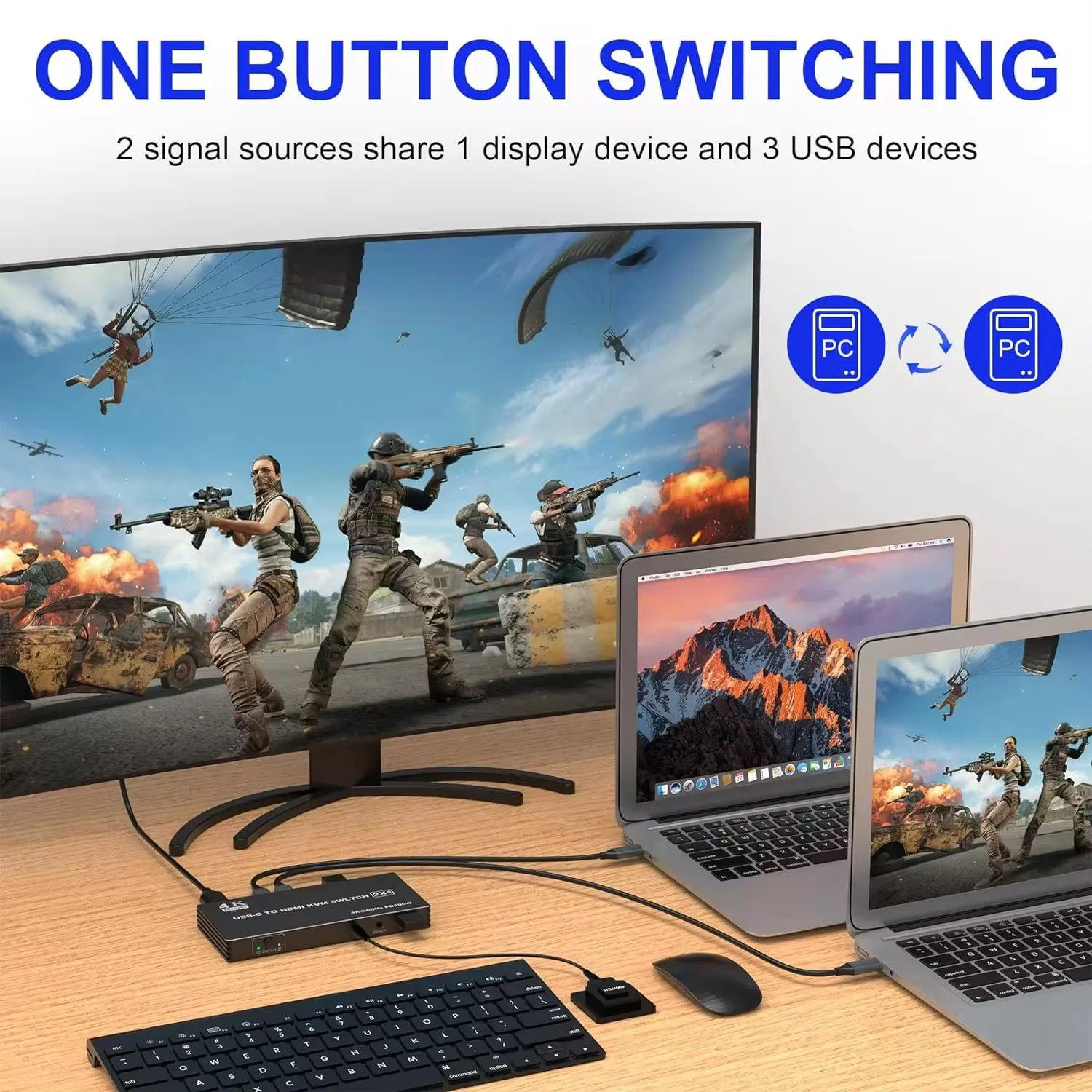 Квм-переключатель типа C 2x1 4K 60 Гц USB к HDMI KVM-переключатель 2 в 1 выход