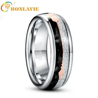 bonlavie 8mm inlaid meteorite black agate steel color tungsten steel ring mens engagement jewelry