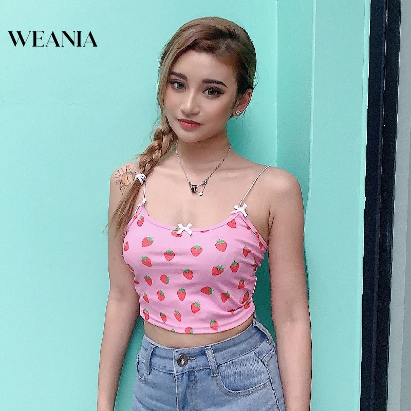 

Women Summer Sweet Strawberry Print Cropped Tank Top