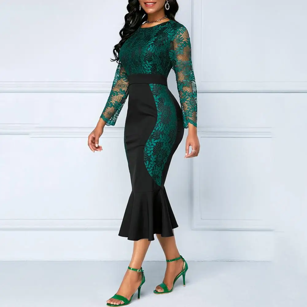 

Вечерние платья, кружевное лоскутное женское платье-миди с длинным рукавом