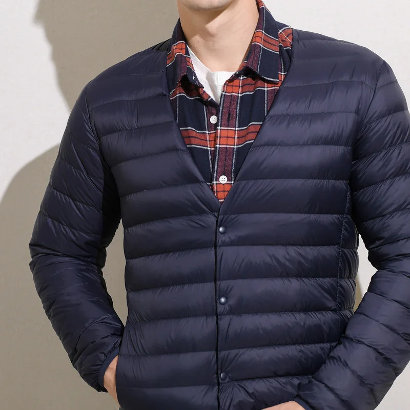 Men White Duck Down Jacket Ultra Light Thin Lining Coat V-Neck Casual Short Outwear New Autumn Winter