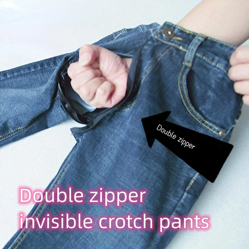 Men's Open Crotch Pants Outdoor Couple Convenient Invisible Zipper Open Crotch Jeans Full Crotch Open Field Full Zipper Pants