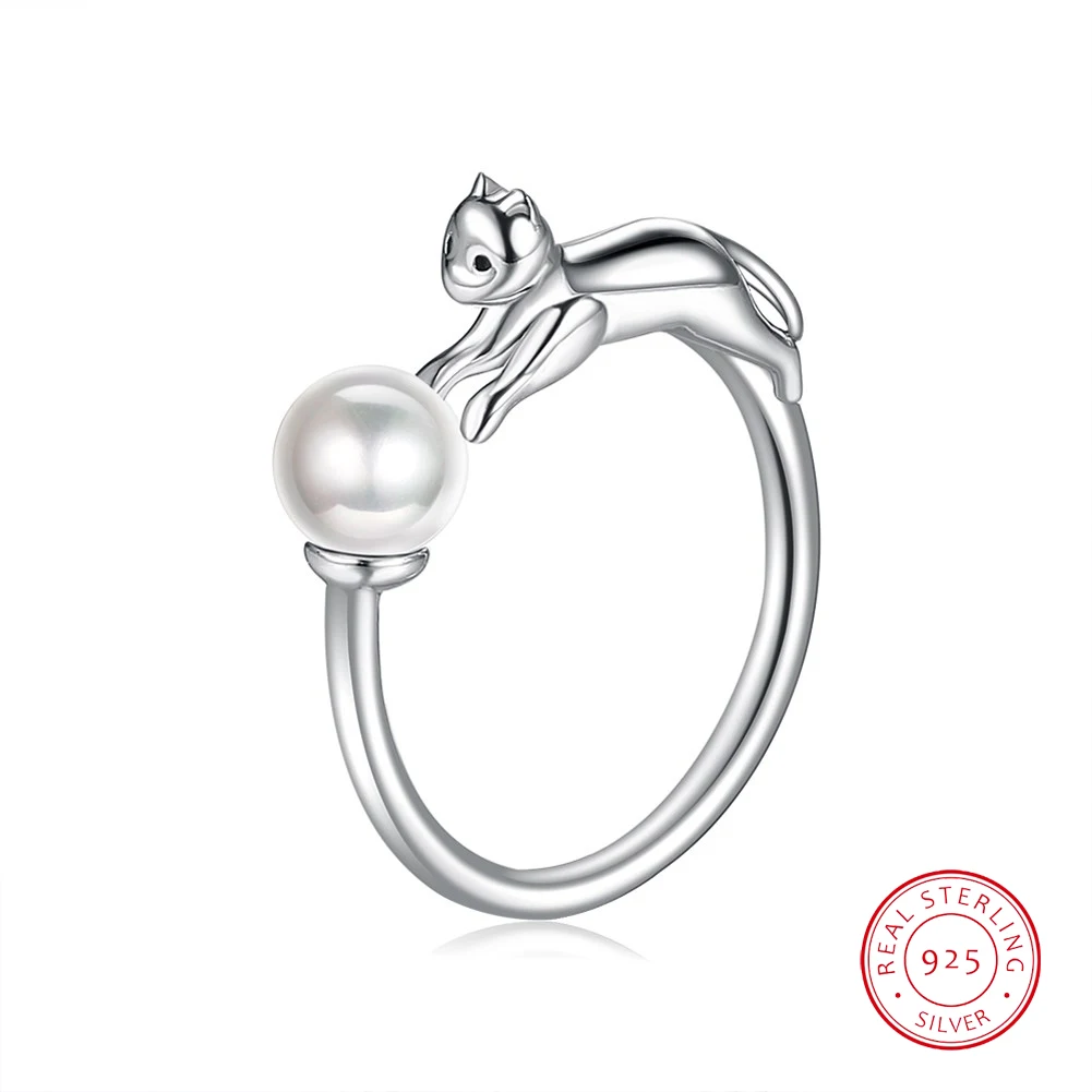 

Real Silver 925 Rings Cute Cat with Shell Pearl Open Finger Rings For Women Free Size Silver Fine Jewelry