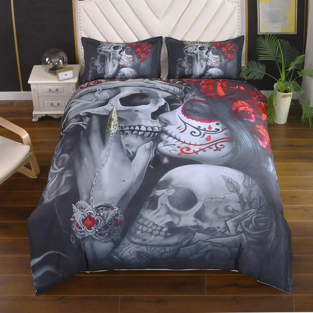 

Bedding Duvet Cover Sets,3D Dead Sugar Skull Girl Kissing Skull Home Bedding Set.Included: Duvet Cover,Pillowcase