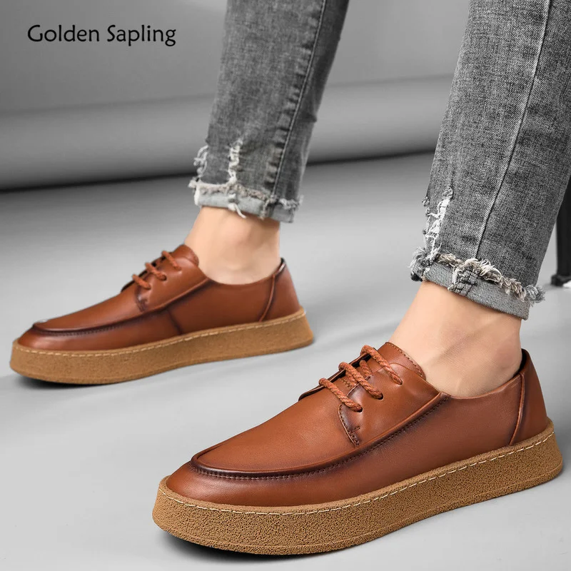 Golden Sapling Platform Shoes Men Fashion Leisure Flats Genuine Leather Men's Casual Shoes Comfortable Oxfords Mocasines Hombre