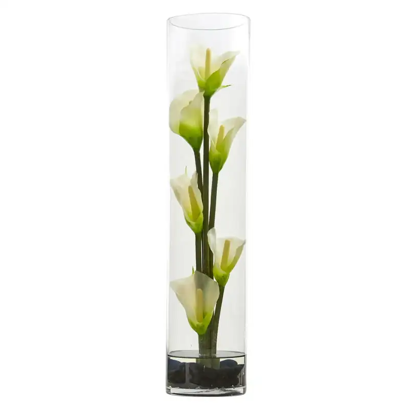 

18 in. Mini Calla Lily Artificial Arrangement in Cylinder Glass Vase