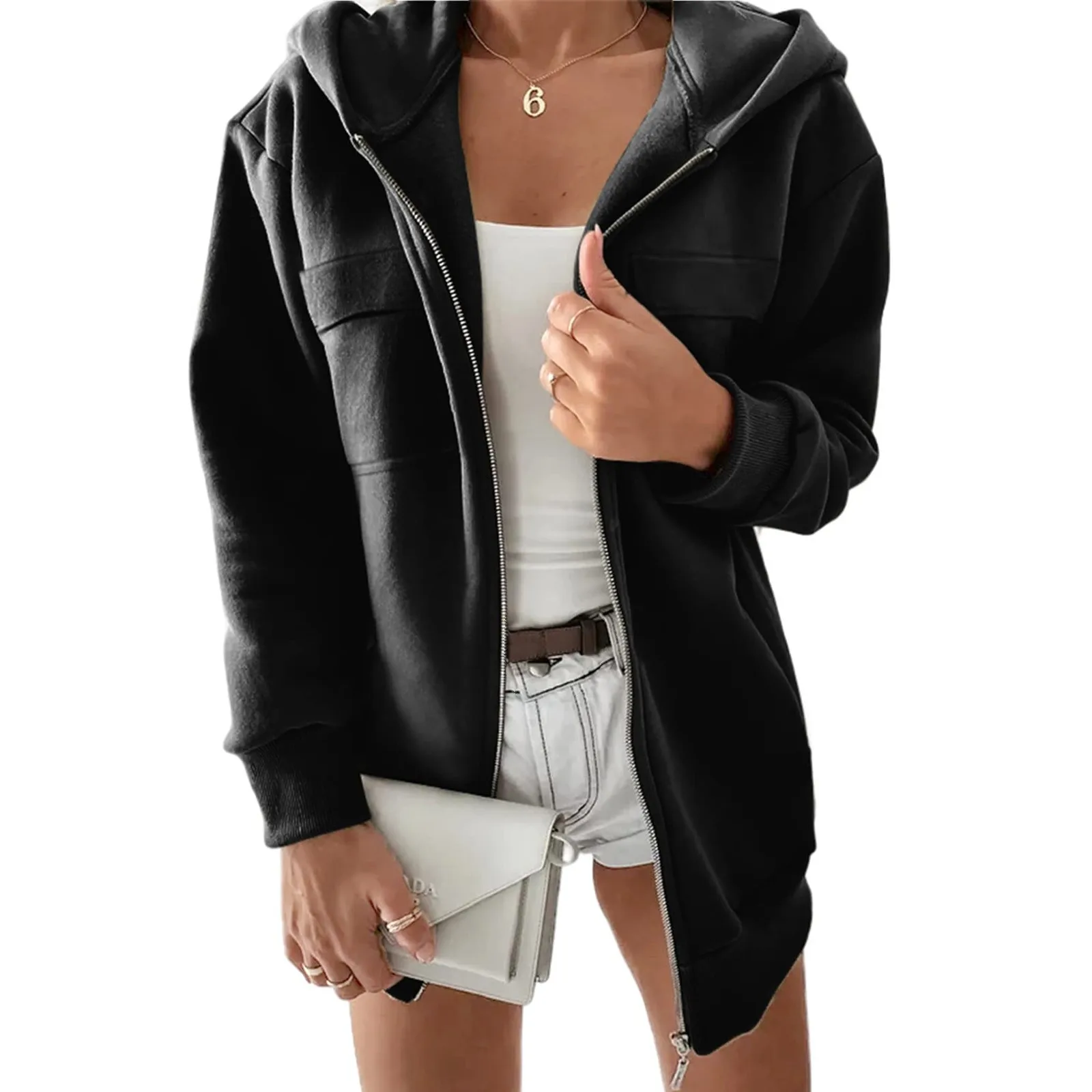 

Fleece Sweater Women Zipper Woman Casual Loose Solid Zipper Hooded Pocket Long Sleeve Womens Long Sleeve Pullover Athletic