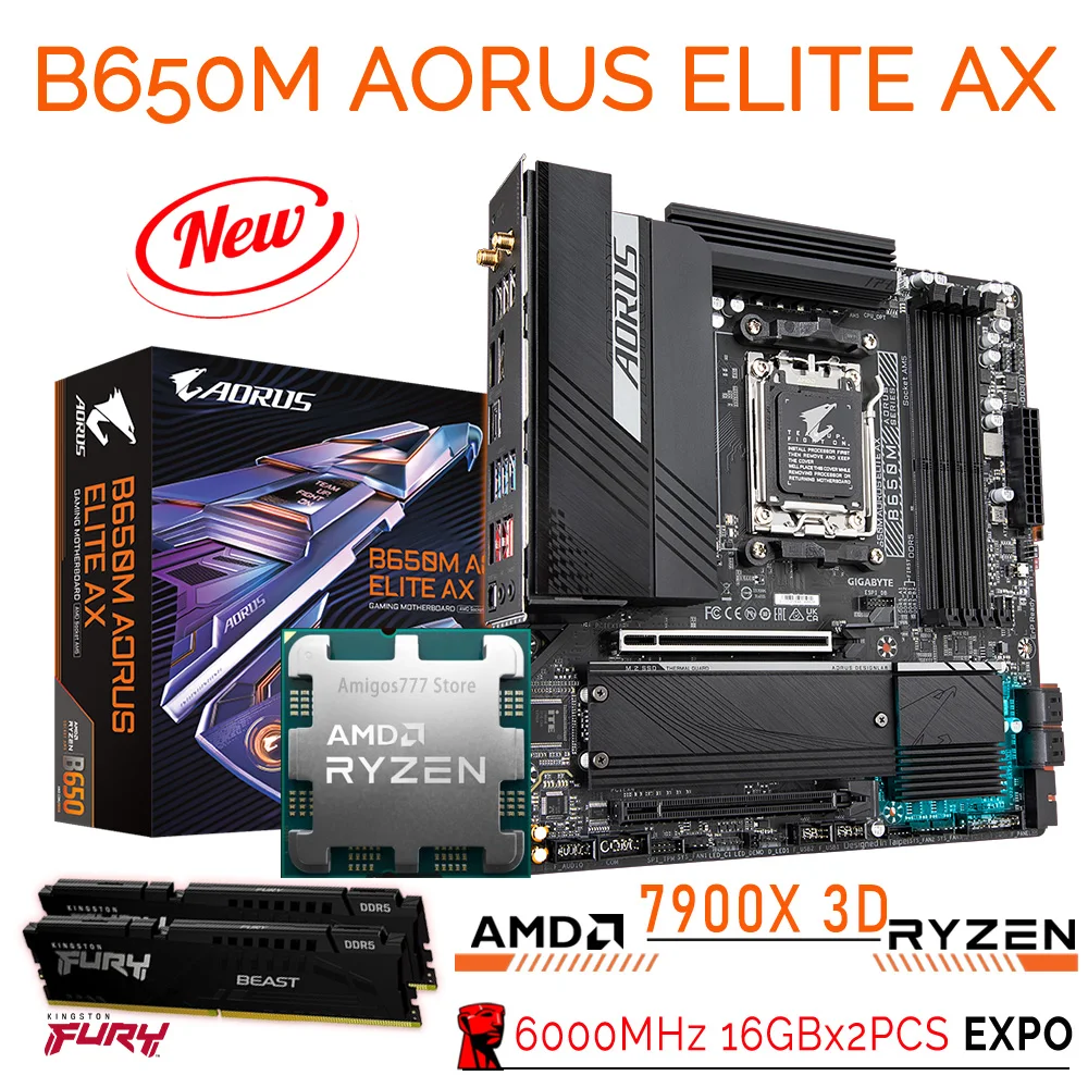 

AMD Ryzen 9 7900X 3D CPU Combo+Gigabyte B650M AORUS ELITE AX AM5 Motherboard AMD B650+Kingston RAM DDR5 6000MHz 32GB EXPO Suit