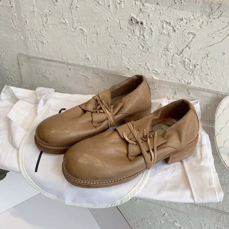 

TB THOM Retro Women Loafers England Style Lace Up Leather Shoes Luxury Brand Handmade Chunky Heel Office Casual Ladies Shoes