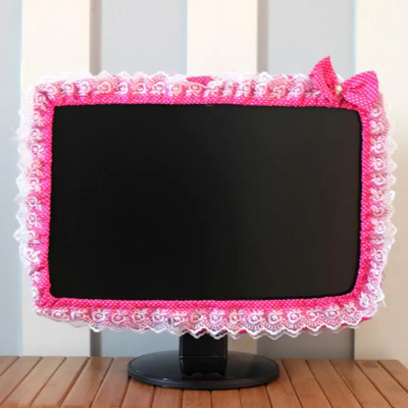 

1Pcs New Lace Fabric Computer Frame Cover Simple Fashion Monitor Screen Dust Cover With Elastic Pen Pocket Bow Home Decorations