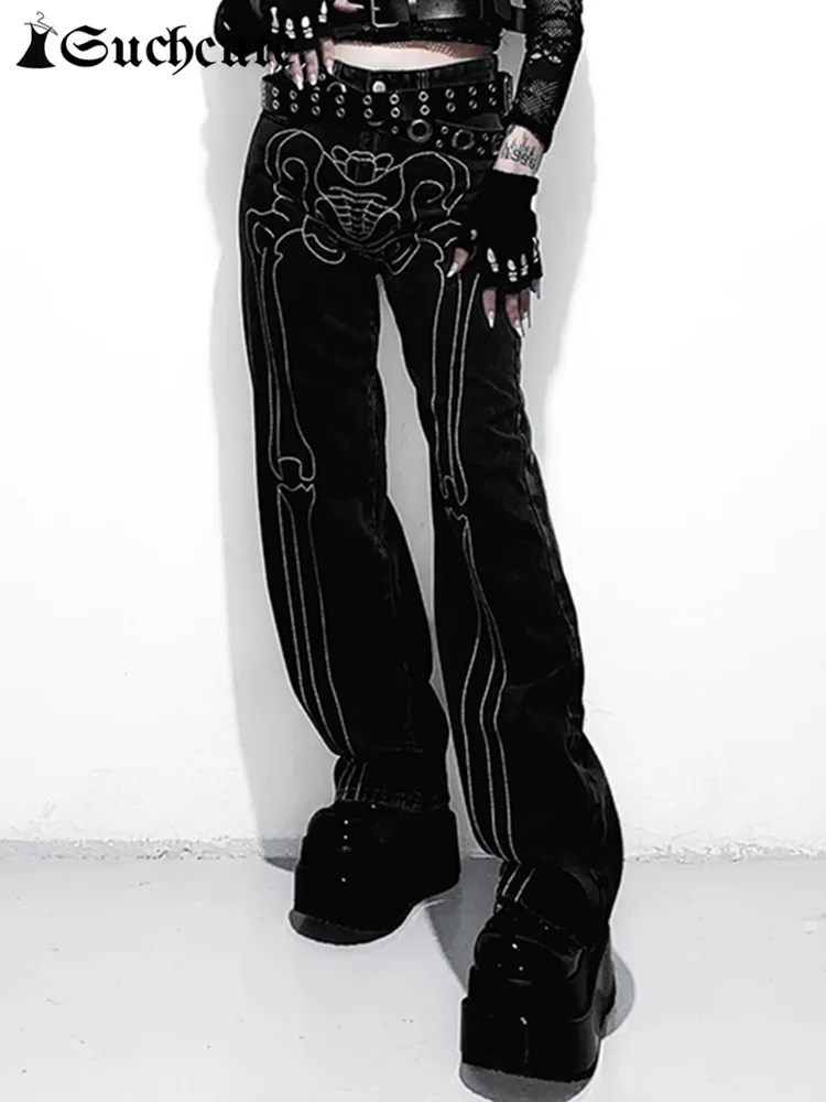 

SUCHCUTE Dark Academic Bone Print Jeans Women Gothic Skeleton Low Waist Denim Pant Sweater Black Straight Trousers Punk Style