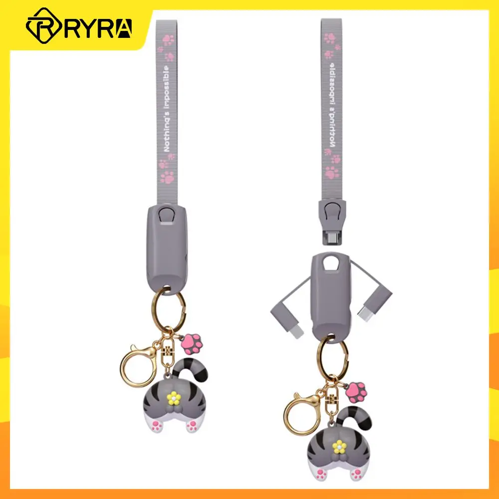 

RYRA New Keychain Data Cable 3 In 1 Portable Charging Wire Cute Cat Lanyard Charging Cable Phone TypeC Micro USB Data Line