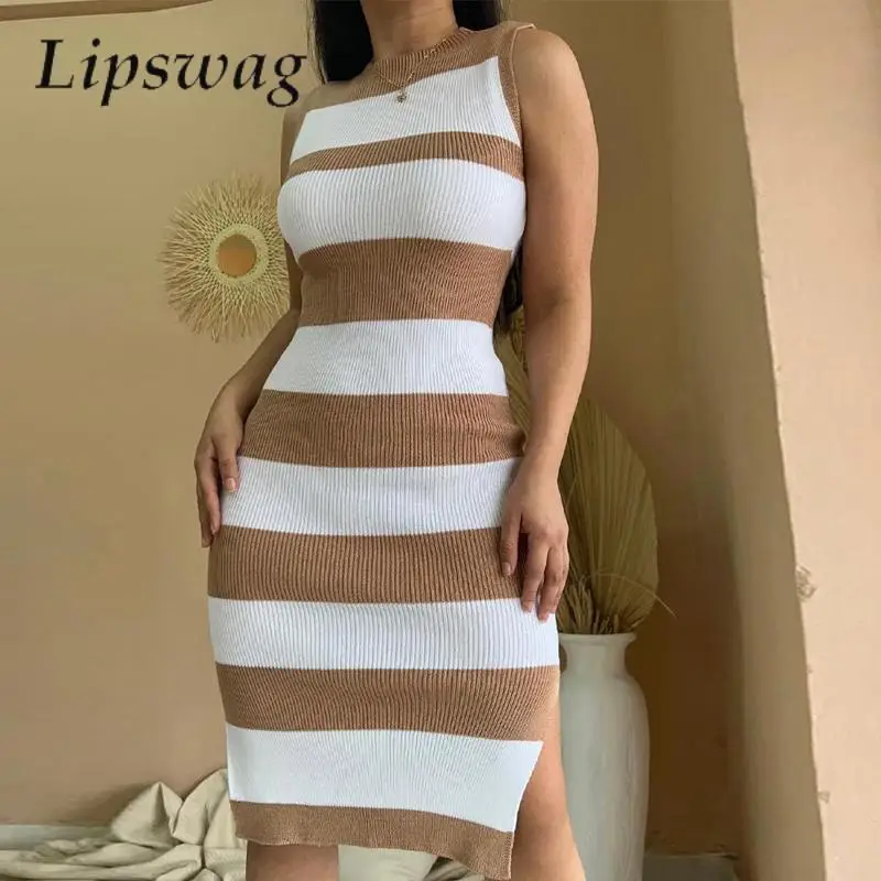 

Casual Sleeveless Women Tank Bodycon Dress Fashion Vintage Commuting Slim Side Slit Dress Simple Striped Patchwork Knitted Dress