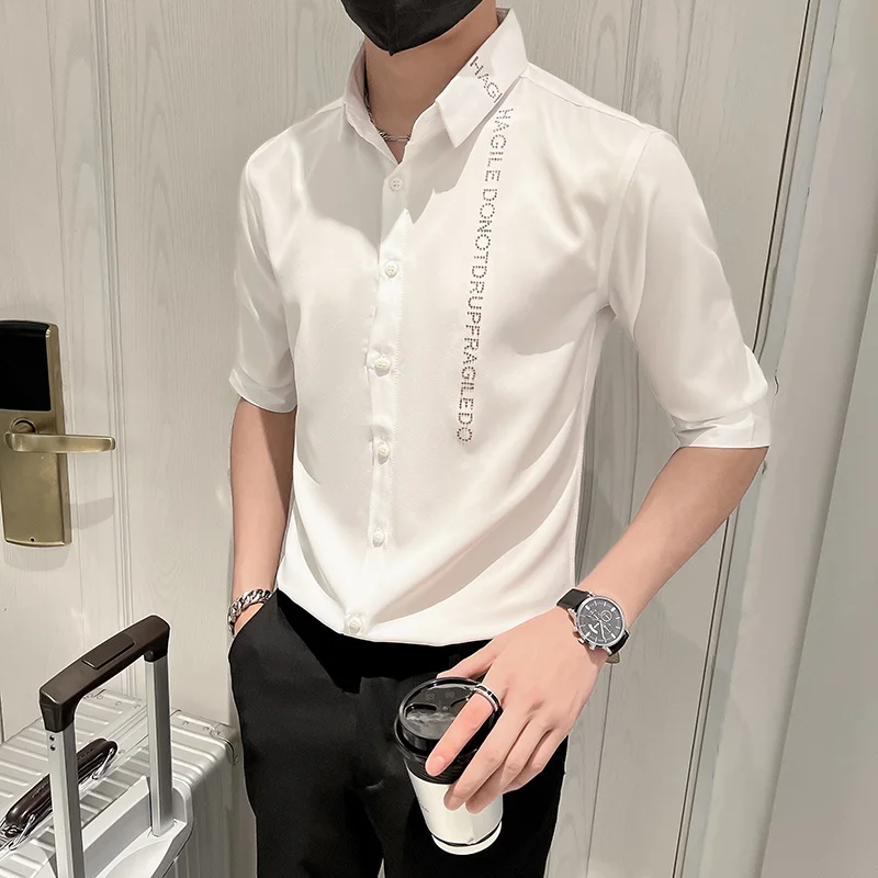 Rhinestones Letter Shirts Men Summer Half Sleeve Casual Business Social Dress Shirt Streetwear Slim Social Party Tuxedo Blouse