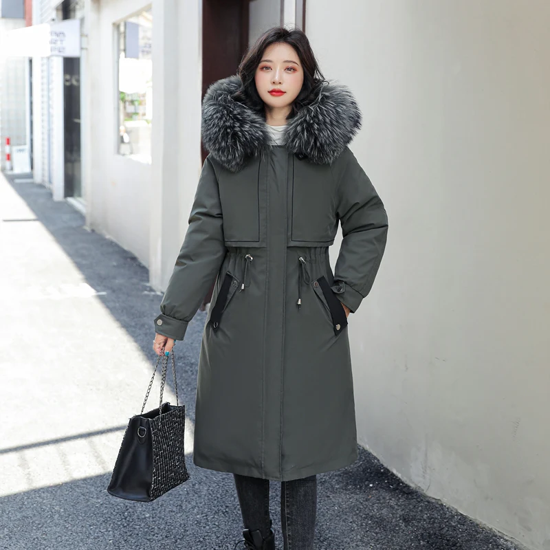 Women's Warm Jacket 2021 Autumn and Winter Long Zipper Hooded Fur Collar Jacket Temperament Loose Detachable Parka Jacket