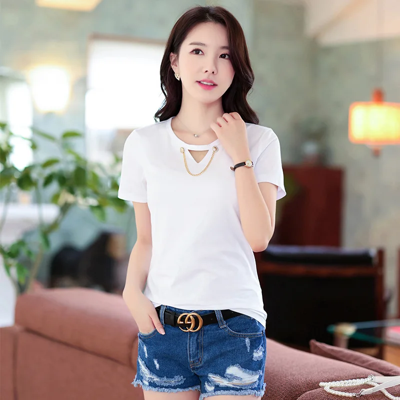 

Женская хлопковая футболка с коротким рукавом и круглым вырезом