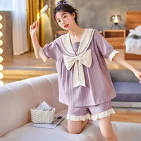 net red hot style bow pijama kawaii woman summer student ins dormitory loose short sleeved square neck home clothes female