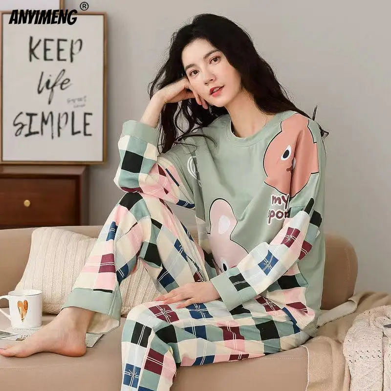 Big Size 5XL sleepwear for women autumn winter new long sleeve pijamas fashion chic round neck girls pajamas kawaii pjs for lady
