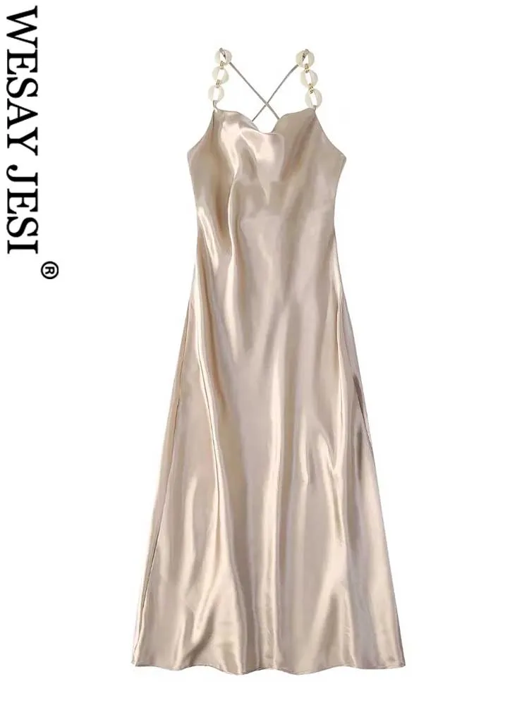 

WESAY JESI Elegant Women Sling Long Dress Solid Color Champagne Sleeveless Backless Strap Cross Slim Sexy Party Clothing Summer