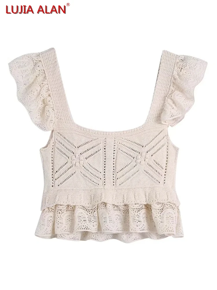 

Women Jacquard Mesh Cloth Knitted Sweater Summer Female Flying Sleeve Short Pullover Casual Lady Tops LUJIA ALAN SW1628