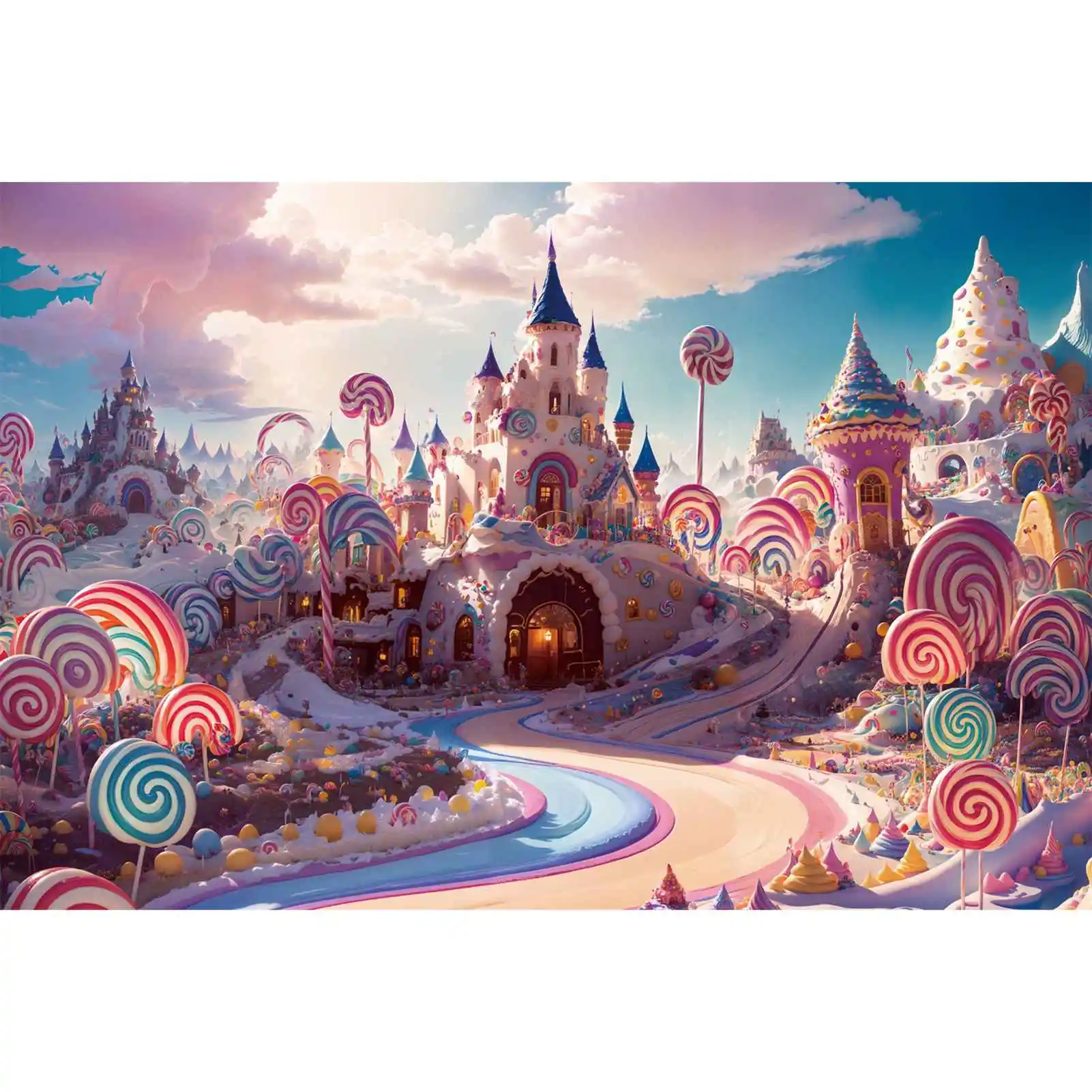 

Birthday Party Candyland Backdrops Photography Castle Lollipop Clouds Sky Cream Pathway Custom Baby Photographic Backgrounds