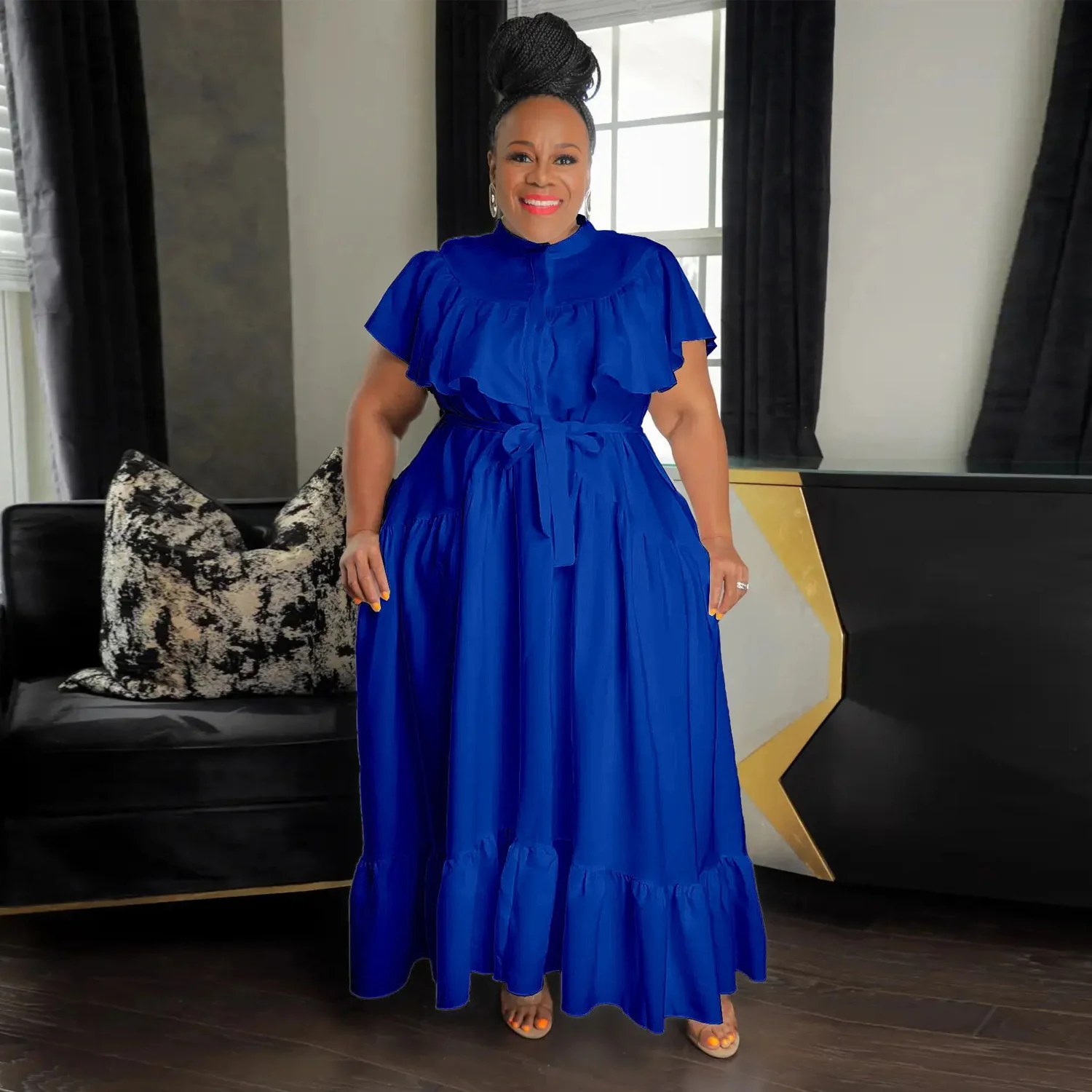 Plus Size Female Dresses Fashion Sexy Straps Button Pleated Dress Large Size Women Casual Solid Color Short Sleeve Loose Dress