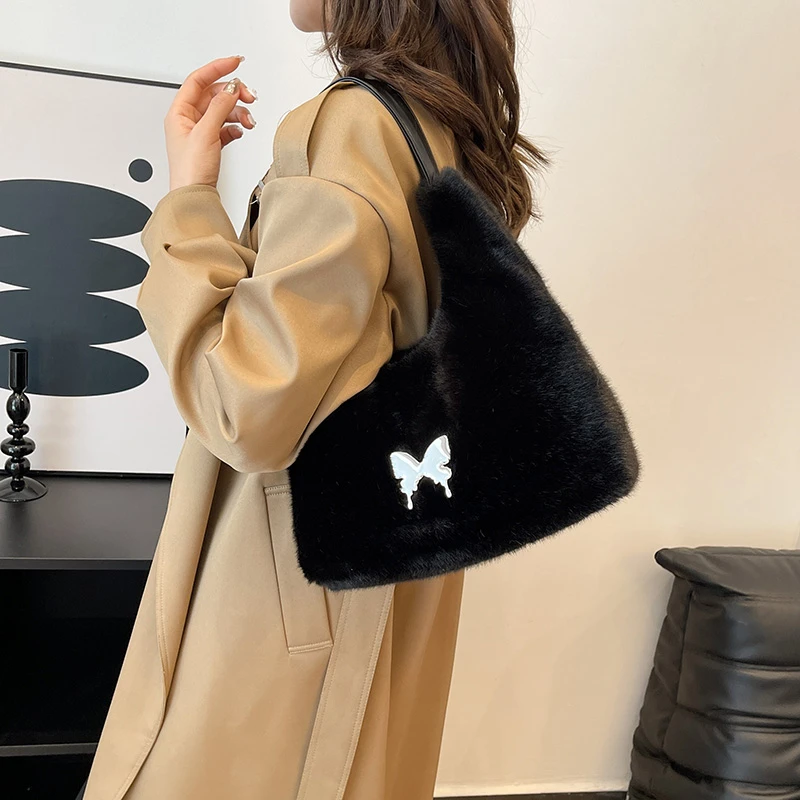 Простая однотонная женская универсальная плюшевая сумка-тоут большой