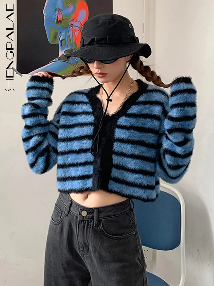 

SHENGPALAE Модный Полосатый женский свитер с v-образным вырезом с длинным рукавом из мохера контрастного цвета вязаный кардиган осень 2023 новый прилив 5R5193