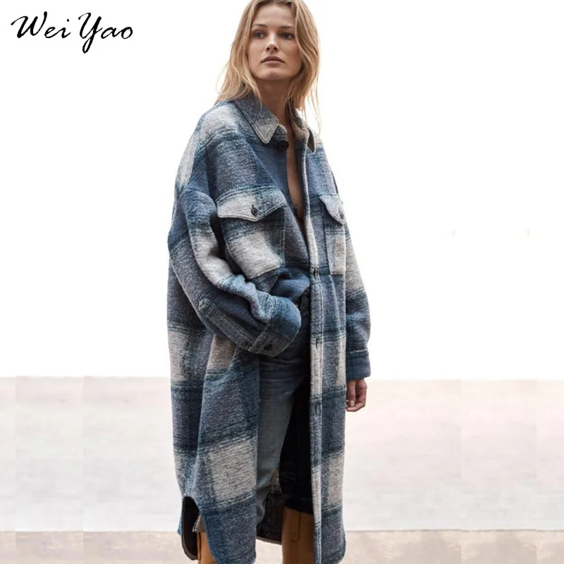 Женский плюшевый кардиган винтажного голубо-клетчатого принта свободного покроя на каждый день зимой.