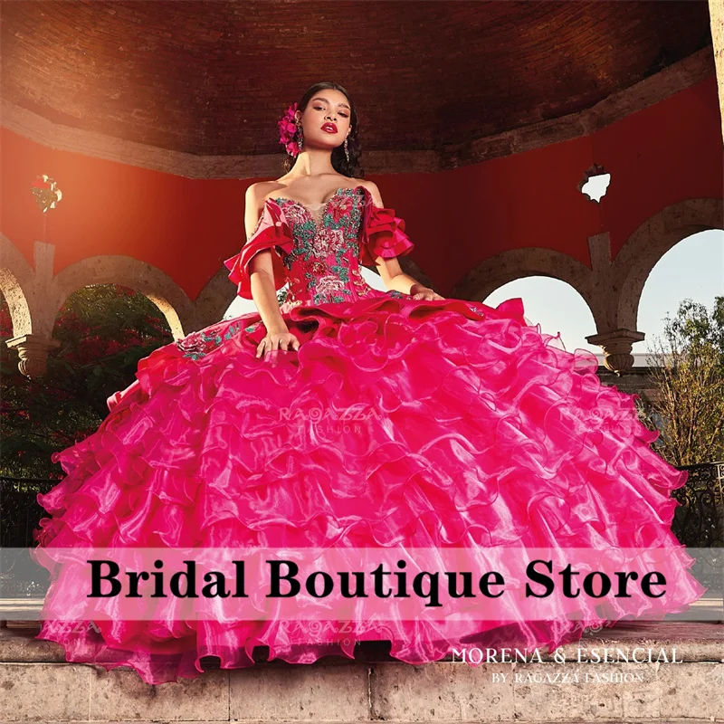 

New Embroidery Mexico Quinceanera Dresses Ball Gown Flower Appliques Beads Crystals Pearls Vestidos De 15 Años Wedding Party