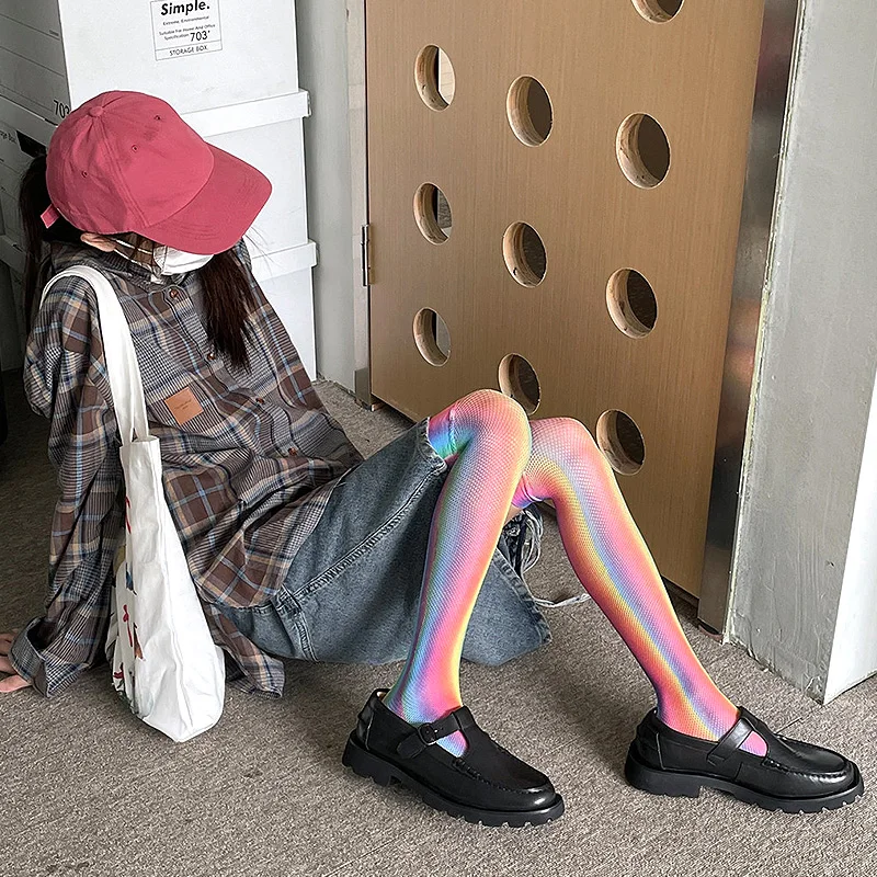 

Women Summer Colorful Rainbow Over Knee Fishnet Stockings Colorful Striped Long Sock Hollow Socks Thin Cosplay Costume Elastic