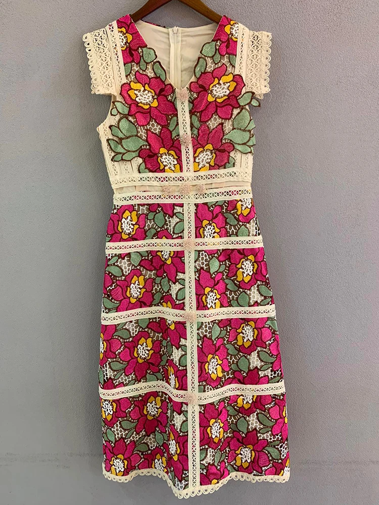 

Delocah High Quality Summer Women Fashion Designer Mini Dress Sleeveless Gorgeous Embroidery Lace Hollow Out Dresses Vestidos