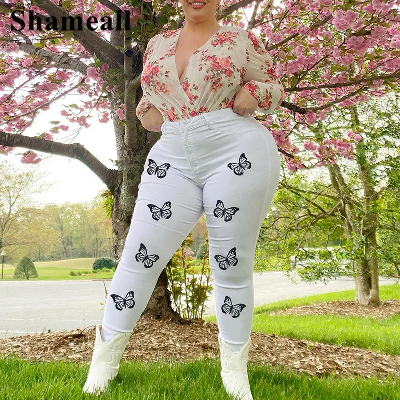 

Plus Size Butterfly Print Comfortable Elastic White Jeans 4XL Street High Waist Slim Fit Stretchy Trend Bootcut Pants Trousers