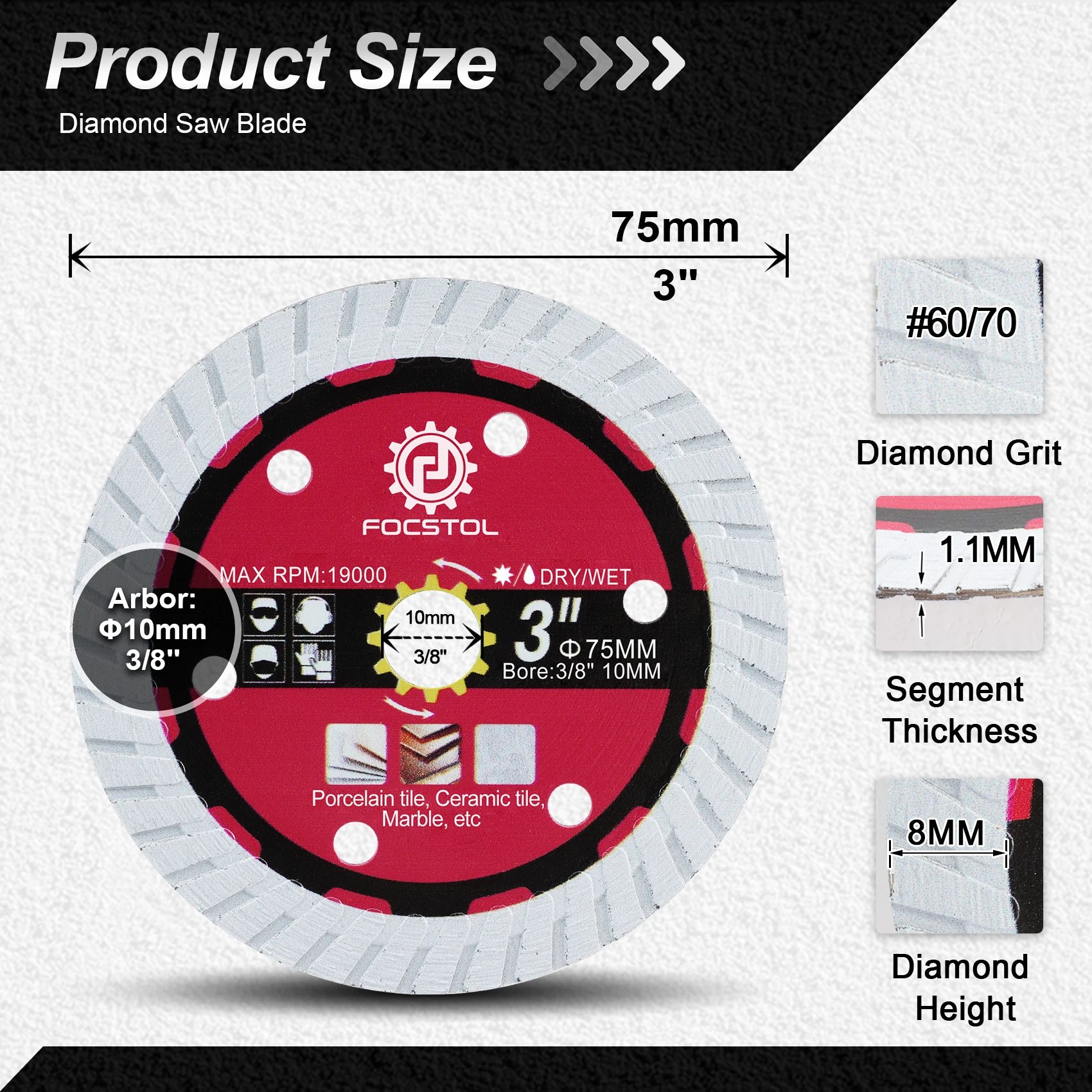 Алмазный отрезной диск FOCSTOL, 3 дюйма, диаметр 75 мм, пильное полотно для плитки, фарфора, мрамора, угловая шлифовальная машина, мини-пила, резак для плитки