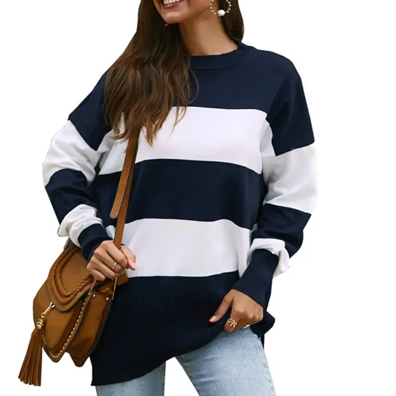 Женский винтажный свитер повседневный модный шерстяной топ в полоску Осень-зима