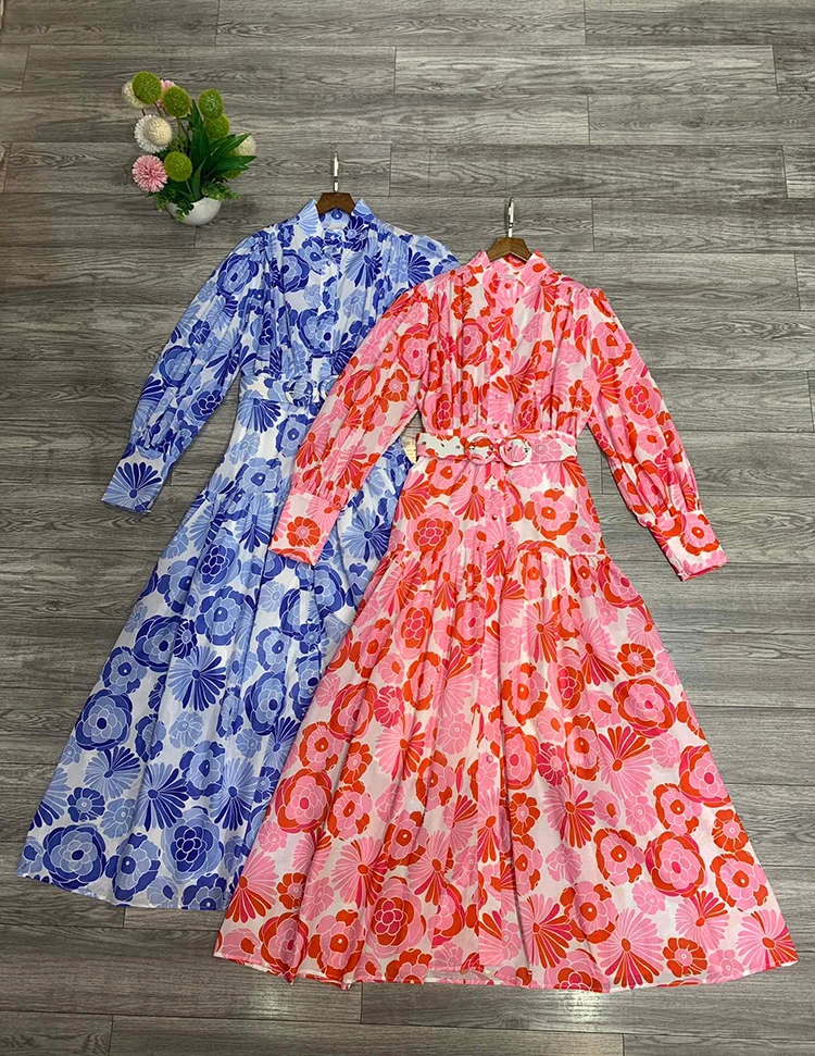

Lantern Sleeve Single Breasted Blue &Red Color Women Long Dress Elegant Maxi Size Flower Print Lady Dresses