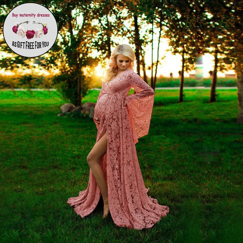 

Women lace Maternity Dress Sexy Deep V-neck split long Sleeve Fancy Maxi Maternity dress maternity dress for photography