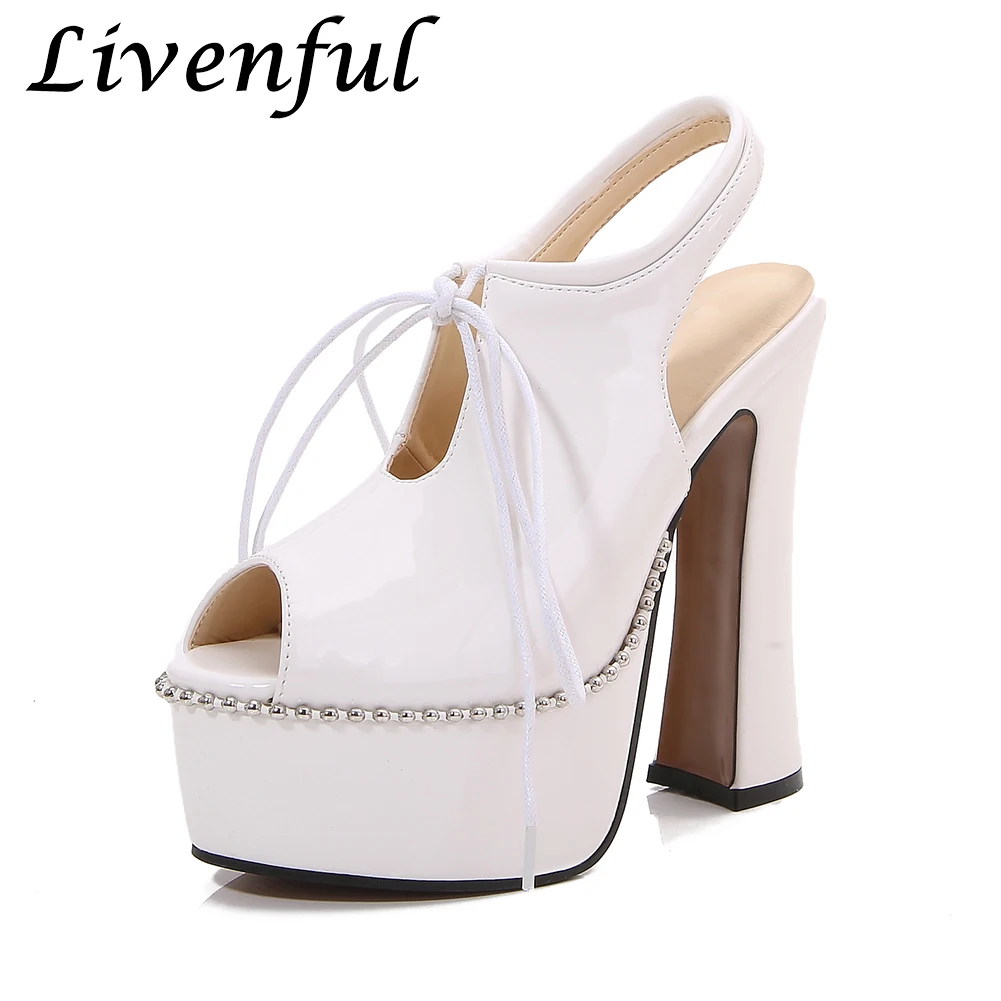 

14cm Extreme High Heels Women Platforms White Sandals Lace Up Peep Toe Sexy Pole Dance Stripper Club Model Show Unisex Shoes