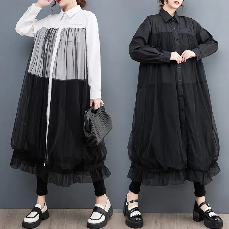 

Женское платье-рубашка с длинным рукавом, свободное Сетчатое платье-рубашка в стиле пэчворк, модель Z298 большого размера на весну, 2023