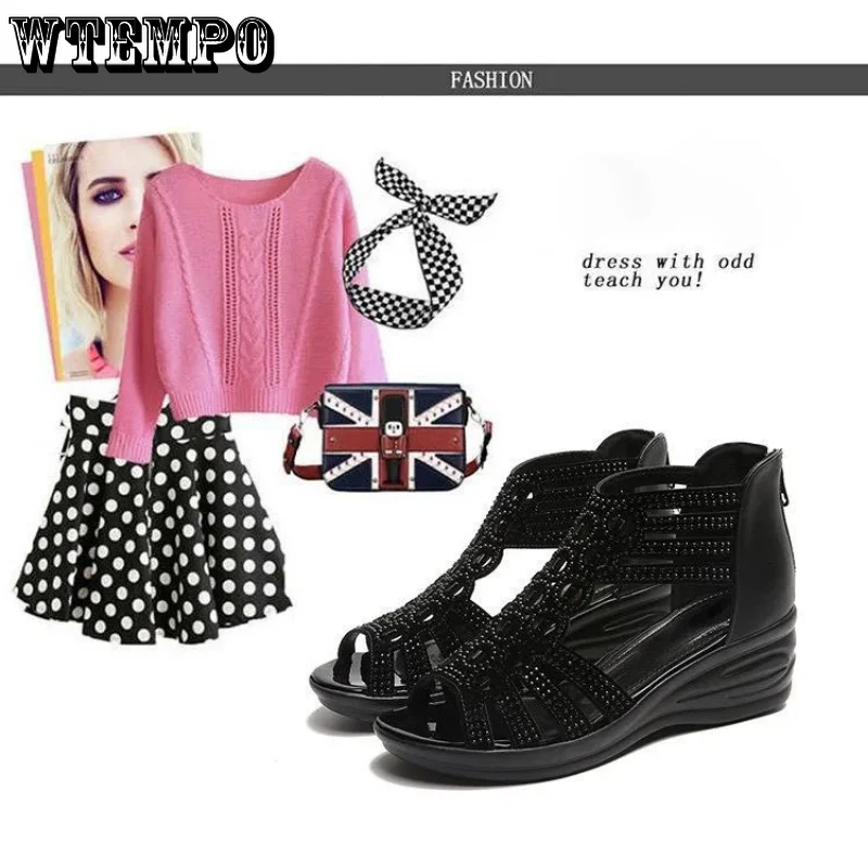 WTEMPO Women's Comfortable Wedges Hollow Out Zippered Girl Sandals Ladies Summer Middle Heel Dress Shoes Wholesale Dropshipping