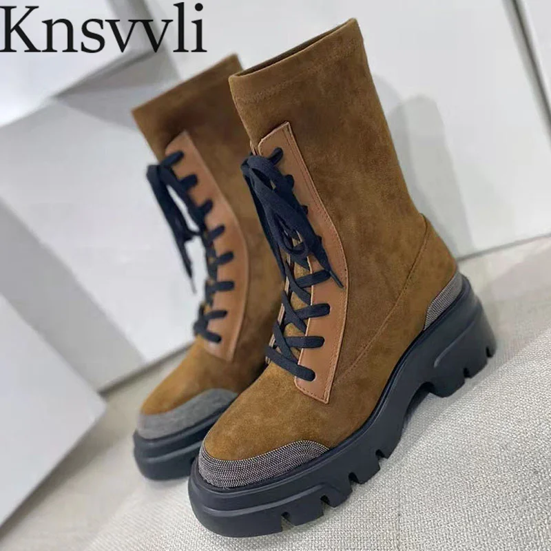 

Motorcycle Boots Women Stretch Kid Suede Cross-tied Basic Boots Ladies Casual Platform Flat Boots Round Toe Chelsea Boots Woman