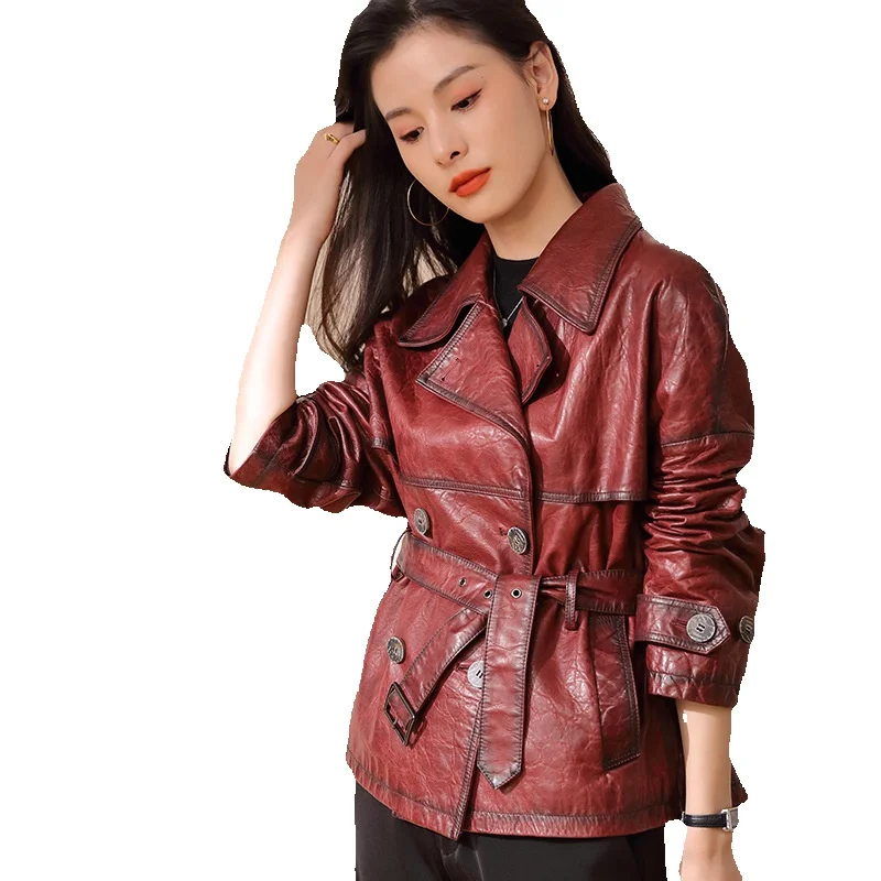 Длинная кожаная ветровка Женская куртка из натуральной кожи новый костюмный